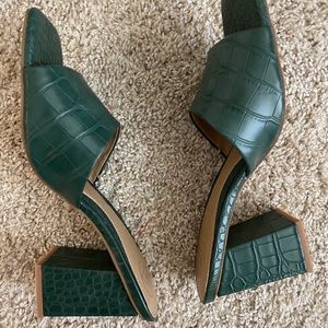 Dark Green Chunky Heel Square Toe Mules